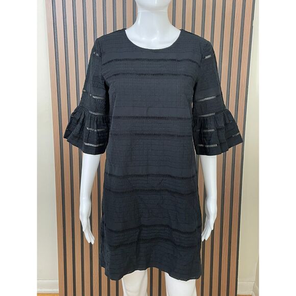 J. Crew Women's 2 Black Dress Cotton Shift Eyelet Flutter Sleeve Preppy Summer - Picture 1 of 11